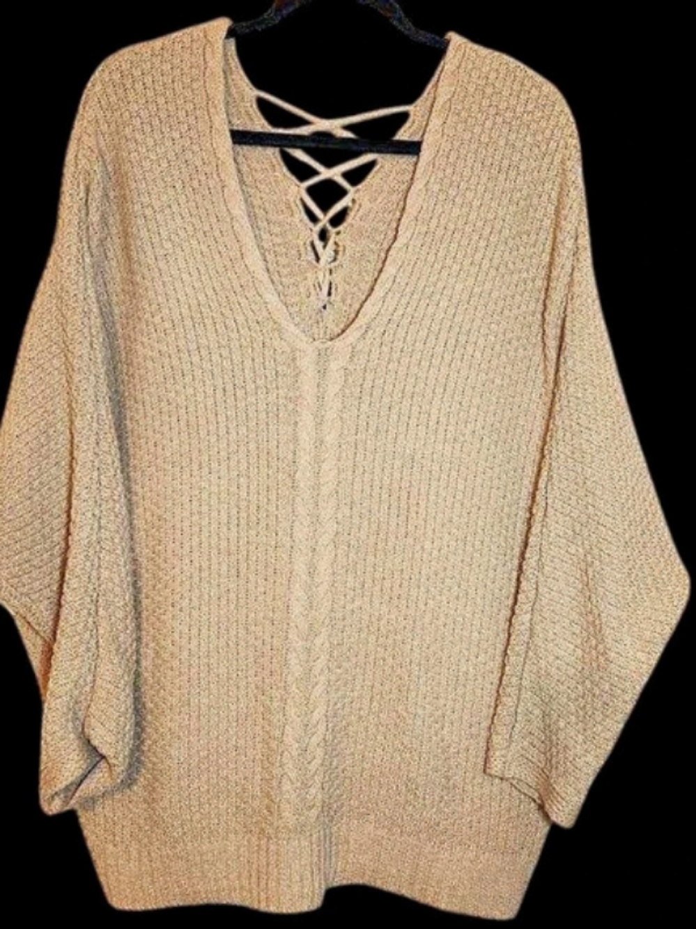Cozy Co Lace-Up V-Neck Sweater in Brown Size M/L